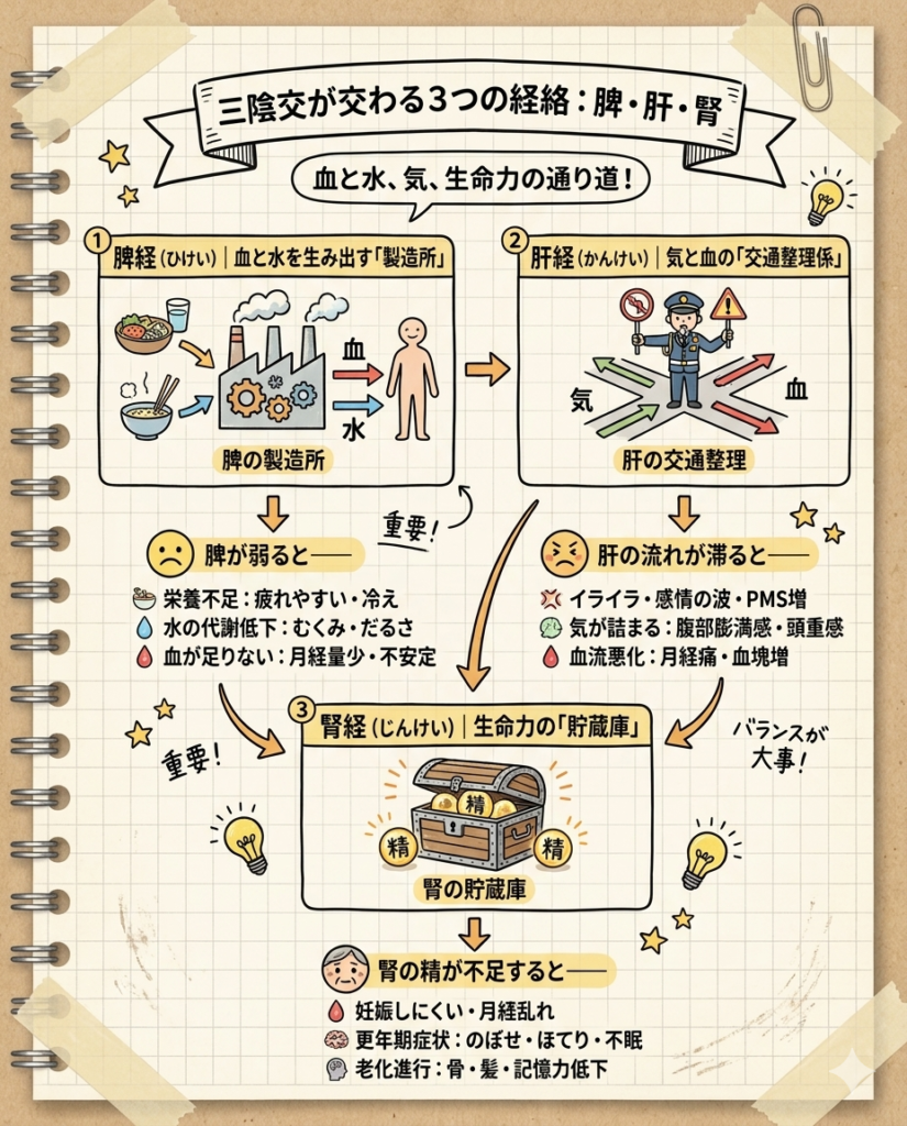 三陰交（さんいんこう）のツボ位置と足の経絡を示すイラスト