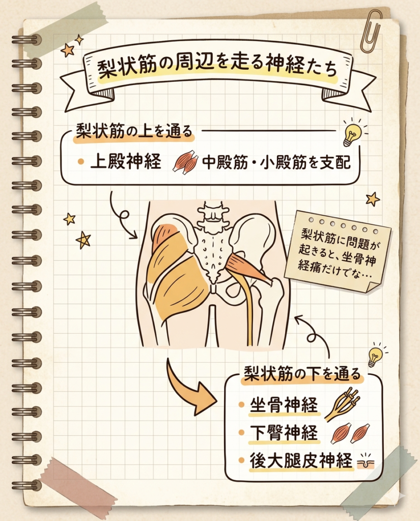 タイプ別の梨状筋ストレッチのやり方を示すイラスト