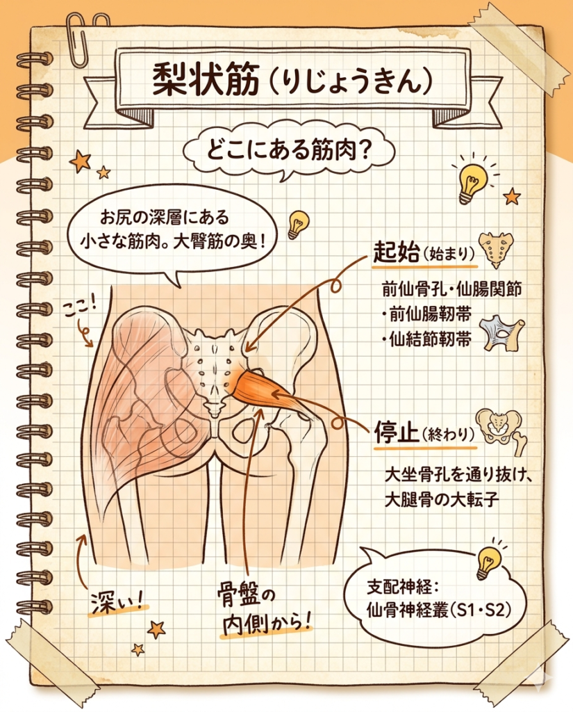 梨状筋の解剖学的な位置と坐骨神経の関係を示すイラスト