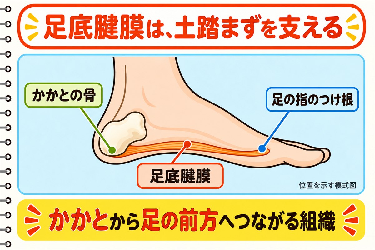 足底腱膜がかかとの骨の足底側から足の前方へつながり、土踏まずを支える位置を示す模式図