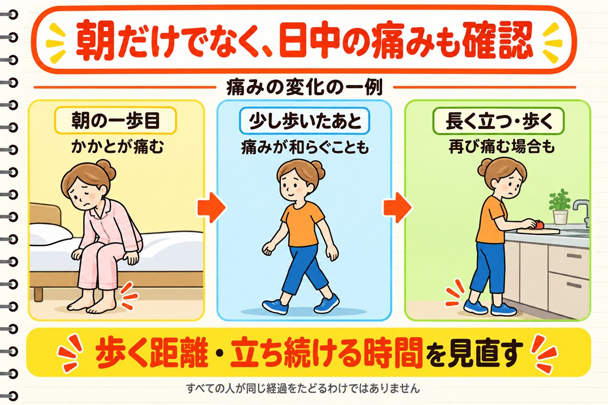 朝の一歩目に痛み、少し歩くと和らぐこともあるが、長く立つ・歩くと再び痛む場合もあるという変化の一例