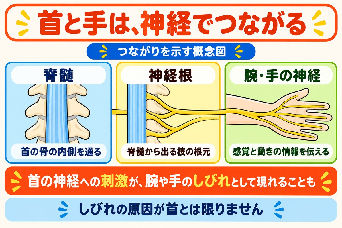 脊髄から枝分かれする神経根と腕・手の神経のつながりを示す概念図。しびれの原因が首とは限らない