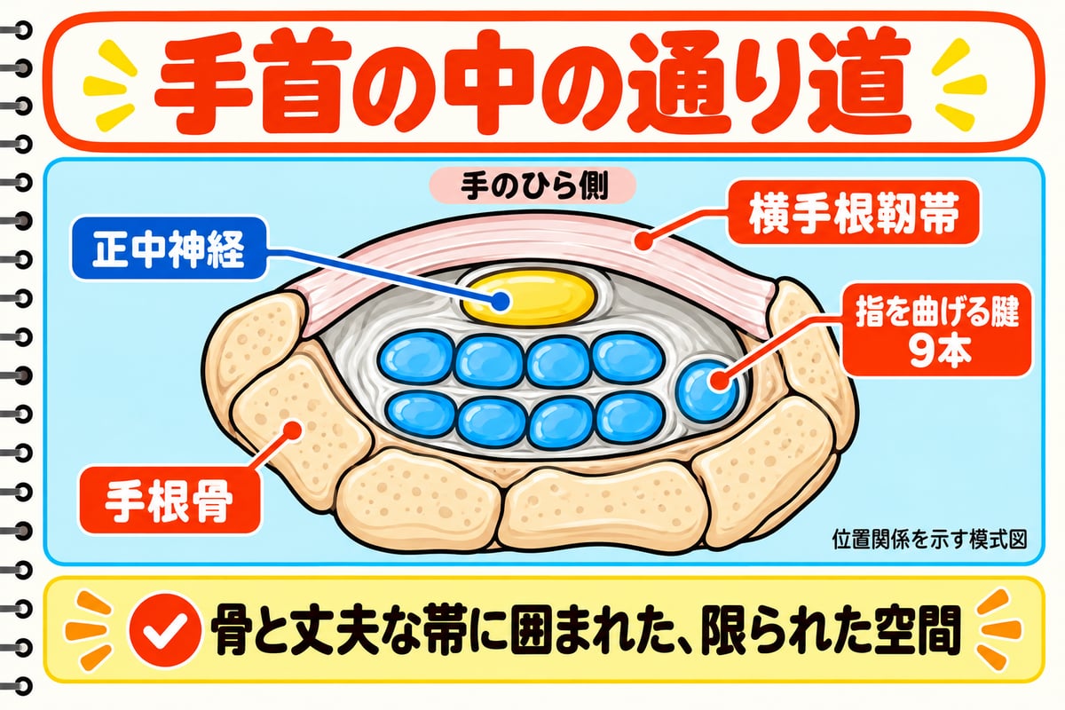 手根管の模式的な断面。骨と横手根靱帯に囲まれ、正中神経と指を曲げる9本の腱が通る