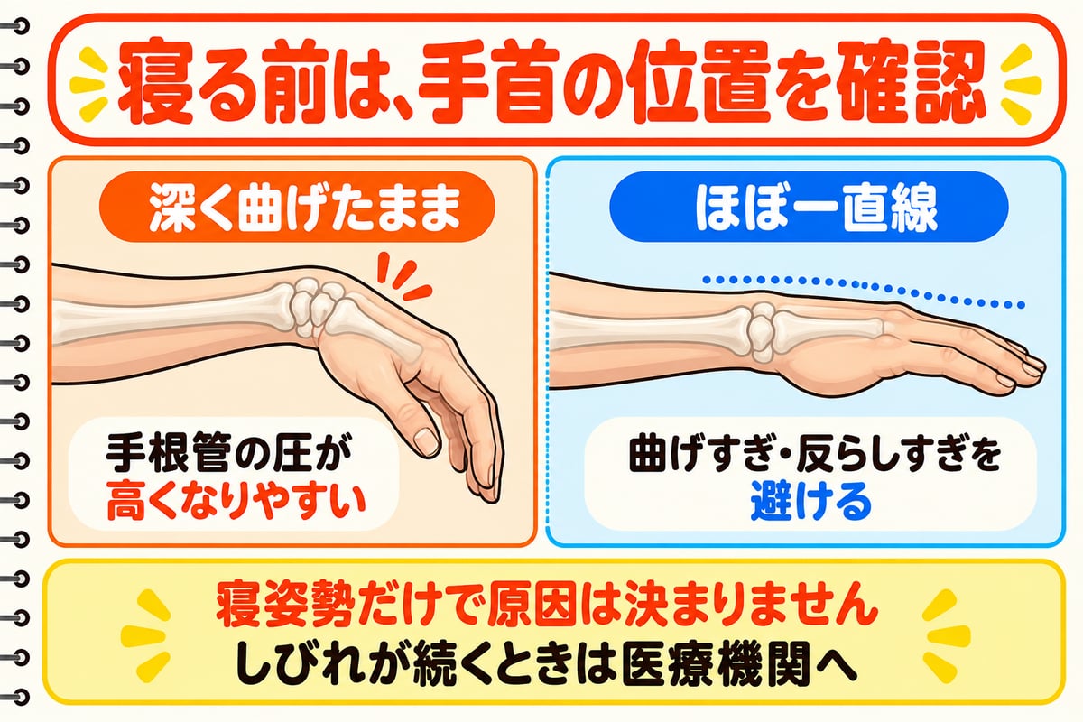 深く曲げた手首と前腕から手までほぼ一直線の手首を比較。反らしすぎも避け、寝姿勢だけで原因は決めない