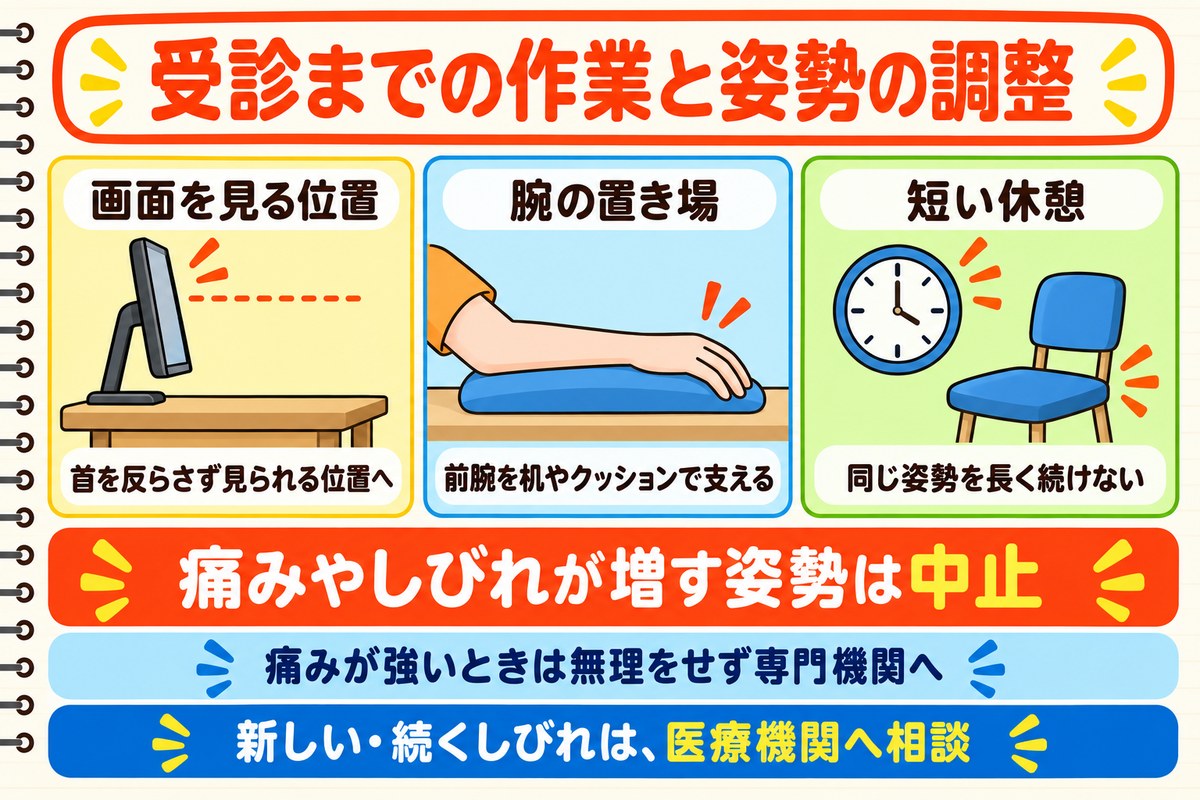画面を見る位置、前腕の支え、短い休憩による調整。痛みやしびれが増す姿勢は中止し、強い痛みや続くしびれは医療機関へ相談