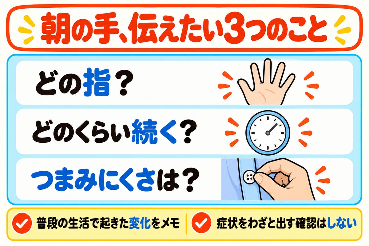 朝の記録の三項目。どの指、どのくらい続く、つまみにくさ。症状をわざと出す確認はしない