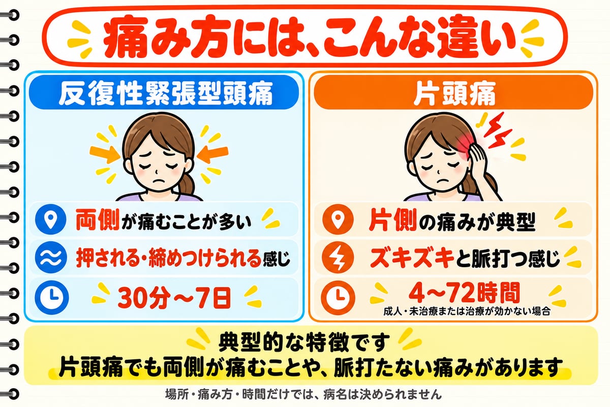 緊張型頭痛と片頭痛の典型的な痛み方と持続時間。場所や痛み方だけでは判断できない