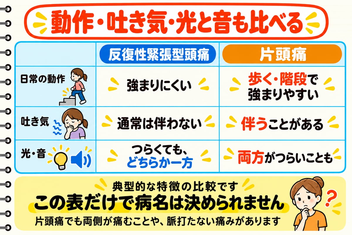 片頭痛と反復性緊張型頭痛を日常動作・吐き気・光と音で比較。典型像であり自己診断には使わない