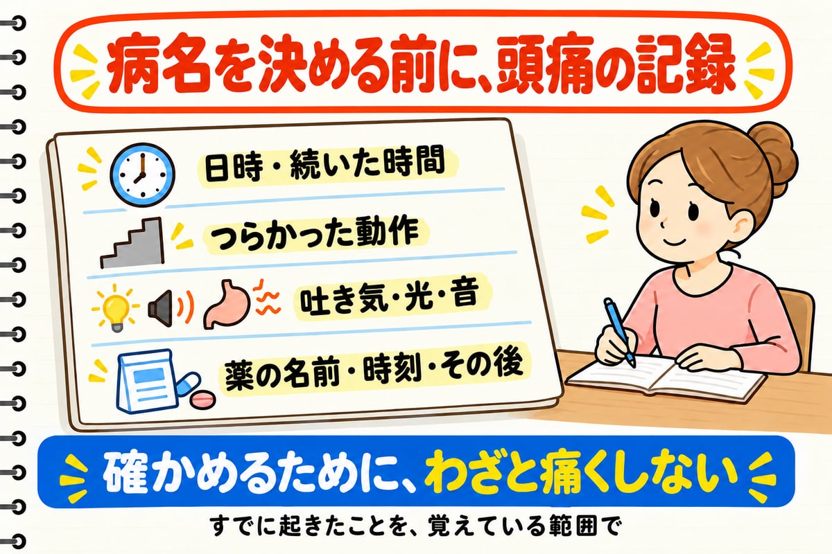日時・動作・随伴症状・薬の使用を記録するメモ。症状を確かめるために無理な動作をしない